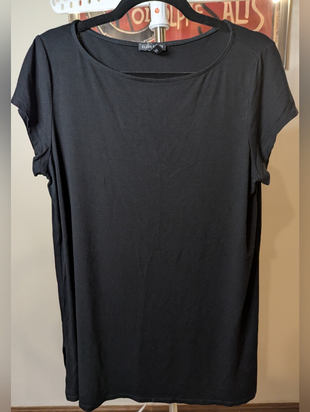 $25 Eileen Fisher Size L - Black Viscose Spandex Boatneck Tunic Top Short Sleeve